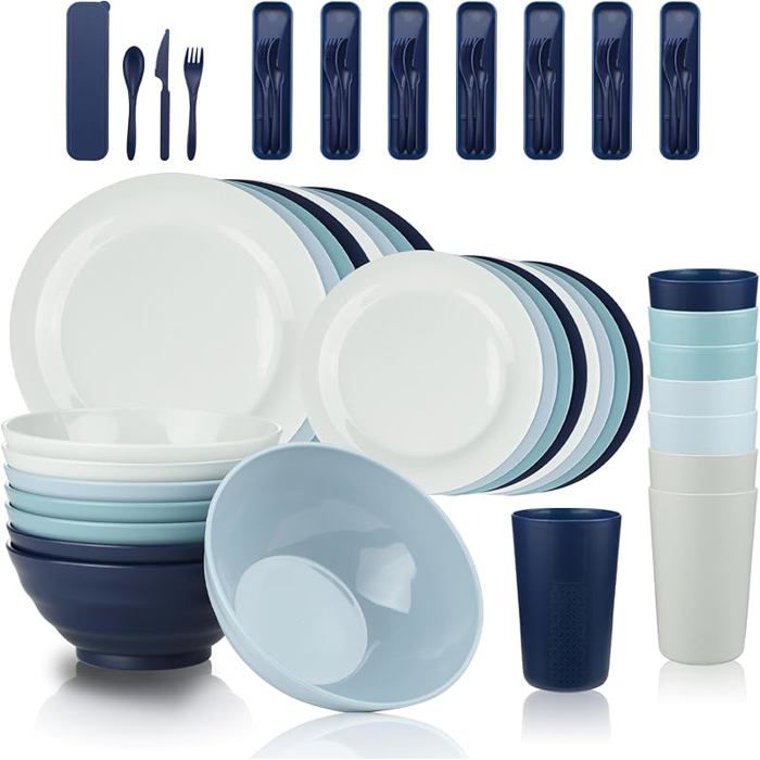 Lot de 40 paquets de vaisselle de camping en incassable pour 8 personnes assiettes tasses bols et couverts SALADIER
