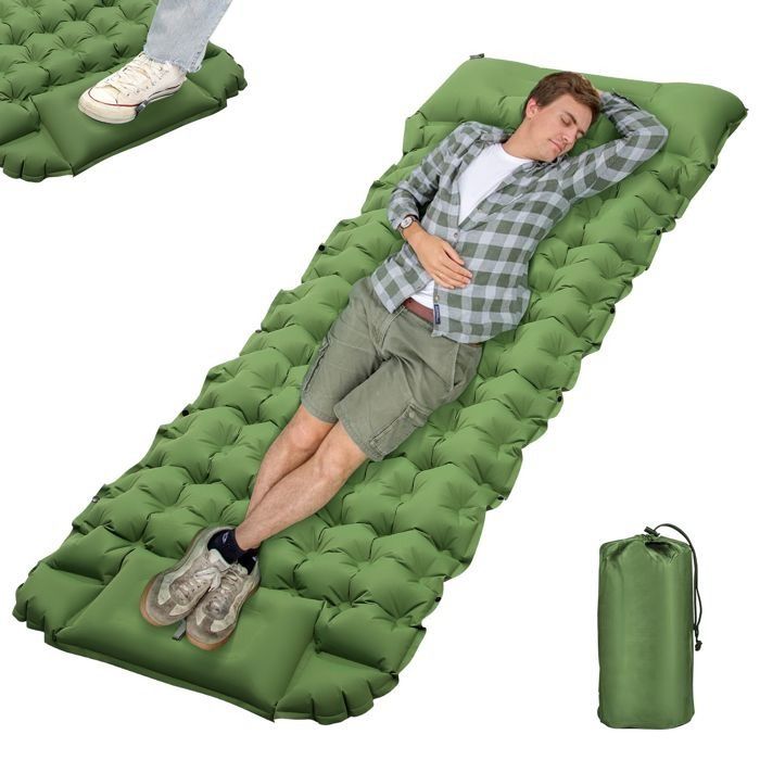 Matelas de Camping Autogonflant Pliable - 10 cm d’Épaisseur - Ultralléger - 1 Personne - Avec Pompe à Pied et Coussin