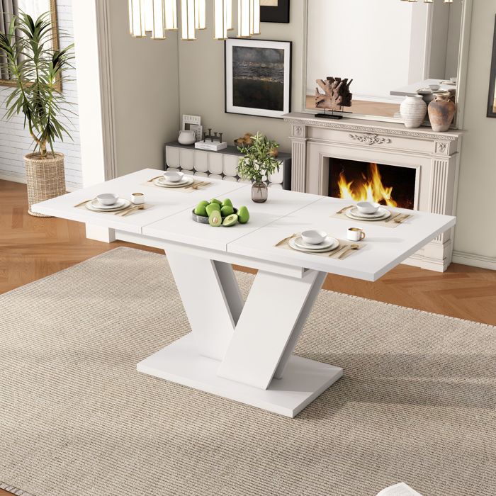 Table à manger extensible - Extensible 120/160 cm - Pour 4-8 personnes - Plateau blanc - Pieds en V - MDF robuste Table à manger extensible - Extensible 120/160 cm - Pour 4-8 personnes - Plateau blanc - Pieds en V - MDF robuste
