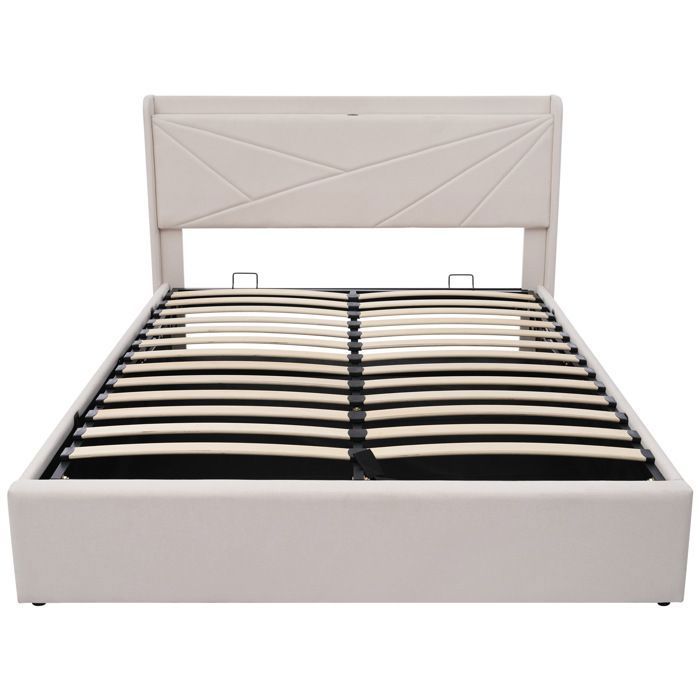 Lit coffre double adulte 140x200 cm - Beige - Coton lin - Tête de lit avec ports USB Type-C