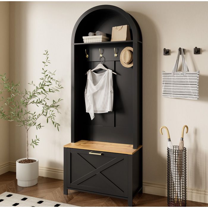 Vestiaire d’entrée multifonction EVRYAE 75 x 35 x 195 cm avec meuble à chaussures crochets et étagère noir et bois