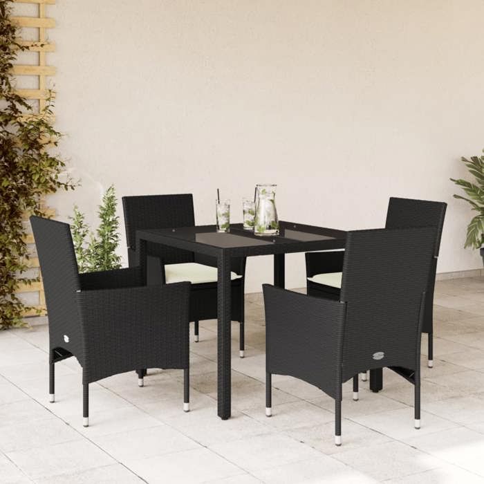VIDAXL Ensemble Table avec chaises jardin et coussins - (5 pcs) - ANTI-UV - noir rotin verre 90x90x75 cm M6429