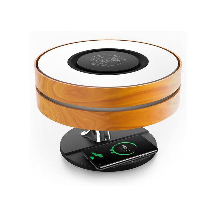 Lampe de chevet multifonction - 4-en-1 - Chargeur induction 10W Qi - Enceinte Bluetooth 5.0 - Horloge numérique