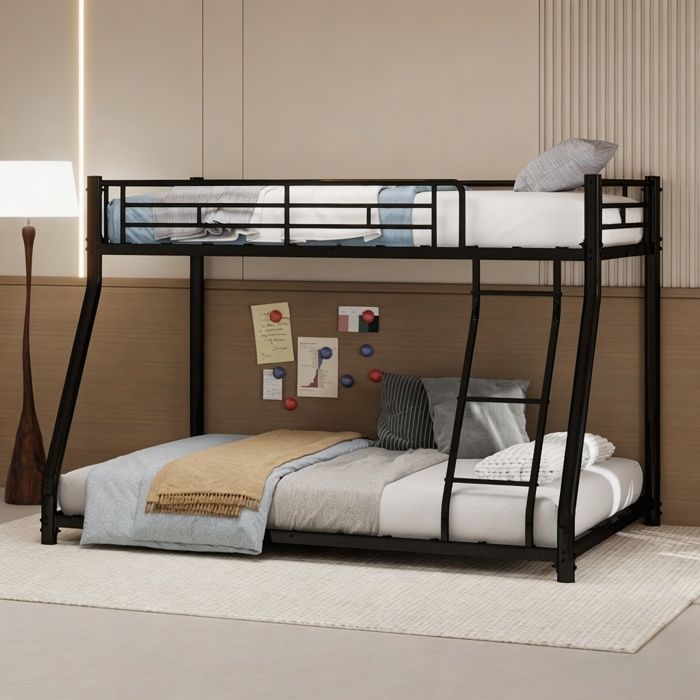 Lit superposé en métal 90×190/140×190 cm - URTR - avec échelle et rampes de sécurité - noir - sans matelas