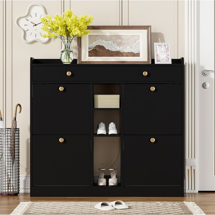 WOVREO Meuble à chaussures noir 110 x 26 x 100 cm avec 4 portes abattantes 2 tiroirs et 3 niches ouvertes