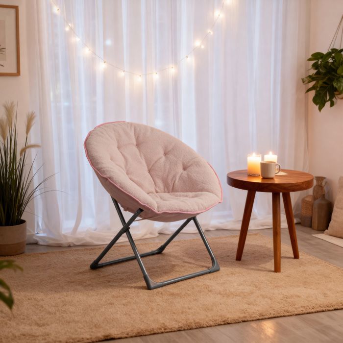 Fauteuil lune pliable rose en tissu doux structure métallique chaise de détente compacte