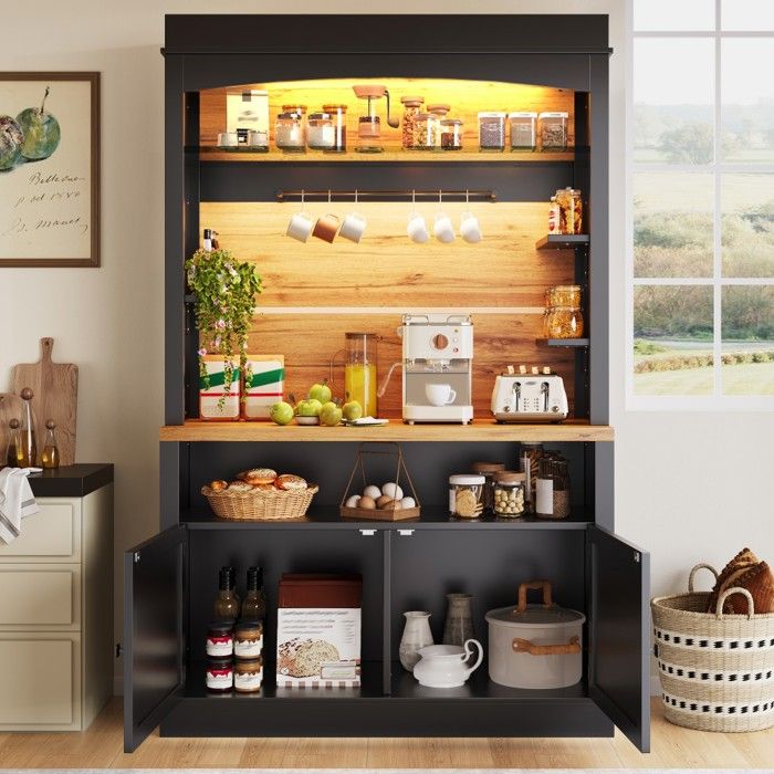 Buffet Haut Cuisine Noir 107x43x184cm vitrine LED étagère ouverte meuble rangement cuisine salle à manger Buffet Haut Cuisine Noir 107x43x184cm vitrine LED étagère ouverte meuble rangement cuisine salle à manger