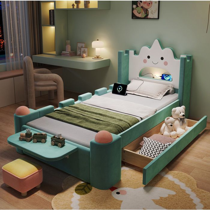 ROVRYN lit enfant rembourré 90 x 200 cm tête de lit nuage LED USB tiroir tablette pliante velours bleu vert