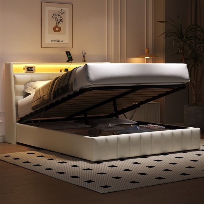 WOVREO Sommier coffre 160 x 200 cm blanc à lattes avec tête de lit réglable LED USB rangement sous le lit