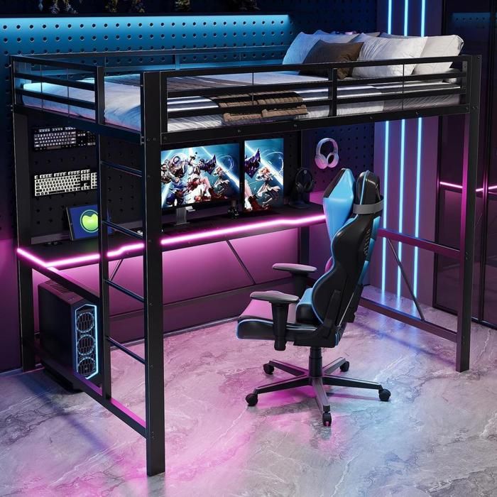 Lit mezzanine - KOMHTOM - Mezzanine gaming 140x200 - Bureau intégré - LED RGB USB - Structure métal Lit mezzanine - KOMHTOM - Mezzanine gaming 140x200 - Bureau intégré - LED RGB USB - Structure métal