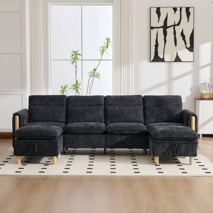 Canapé modulable 4 places 261x77x86 cm 2 poufs avec rangement configuration U/L poches latérales chenille noire pieds en bois massif