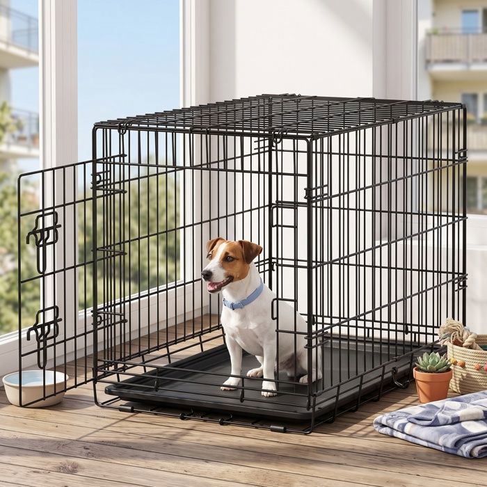 Cage de Pliable pour Chien avec Plateau en Plastique et 1 Porte Taille L Noir Cage de Pliable pour Chien avec Plateau en Plastique et 1 Porte Taille L Noir