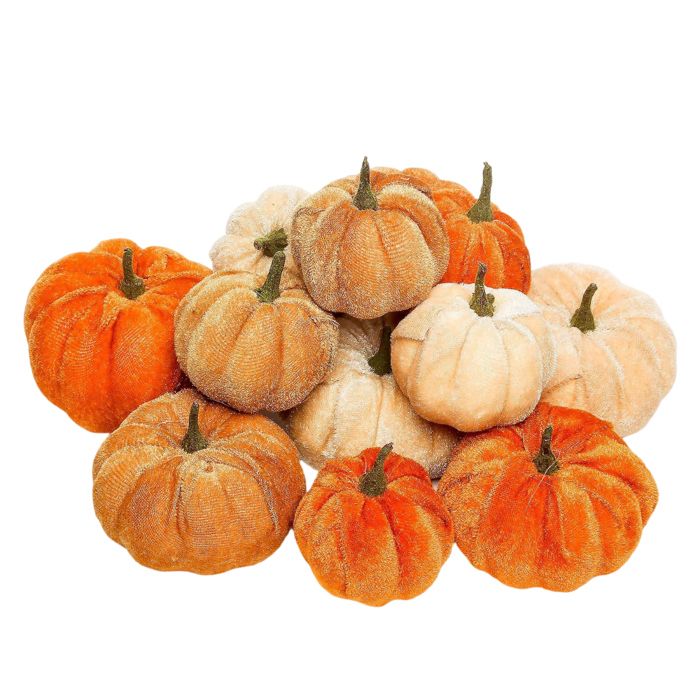 Lot de 12 mini-citrouilles velours couleurs assorties jaune décoration table étagère intérieur .