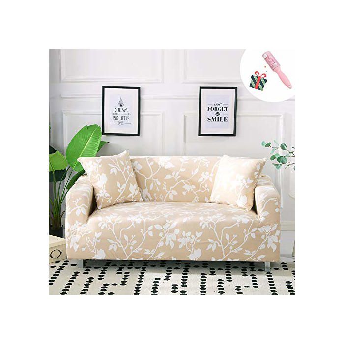 Housse canapé 2 places beige feuilles blanches extensible imprimé avec accoudoirs Housse VoltPulse