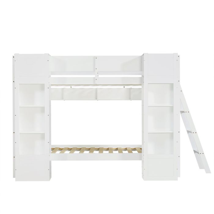 Lit superposé enfant 90x200 cm blanc avec rangements 2 armoires étagère suspendue échelle réversible et barrière sécurité Lit superposé enfant 90x200 cm blanc avec rangements 2 armoires étagère suspendue échelle réversible et barrière sécurité