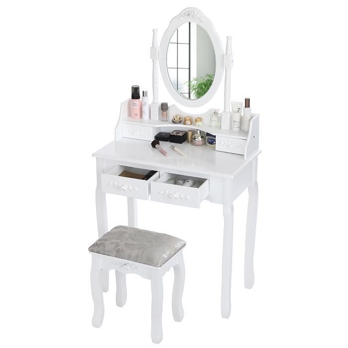 coiffeuse avec miroir ovale tournable , 4 tiroirs, tabouret épais et doux  - décor blanc - l 75 x p 40 x h 145 cm