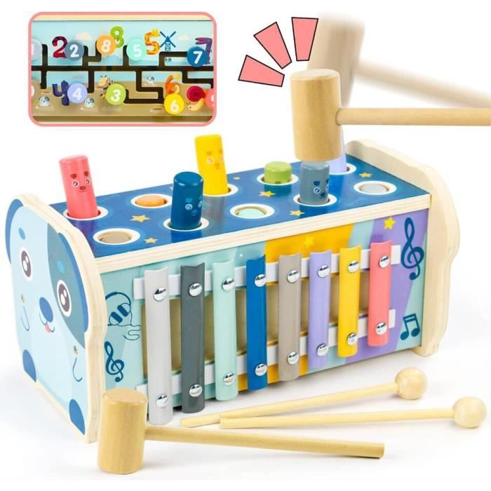 Jouet Bebe 1 an - Jouets Éveil Jouet en Bois Cadeau 3 en 1 Jeux Educatif avec Jeu de Taupe Xylophone Bebe Jeu Match de Numéro