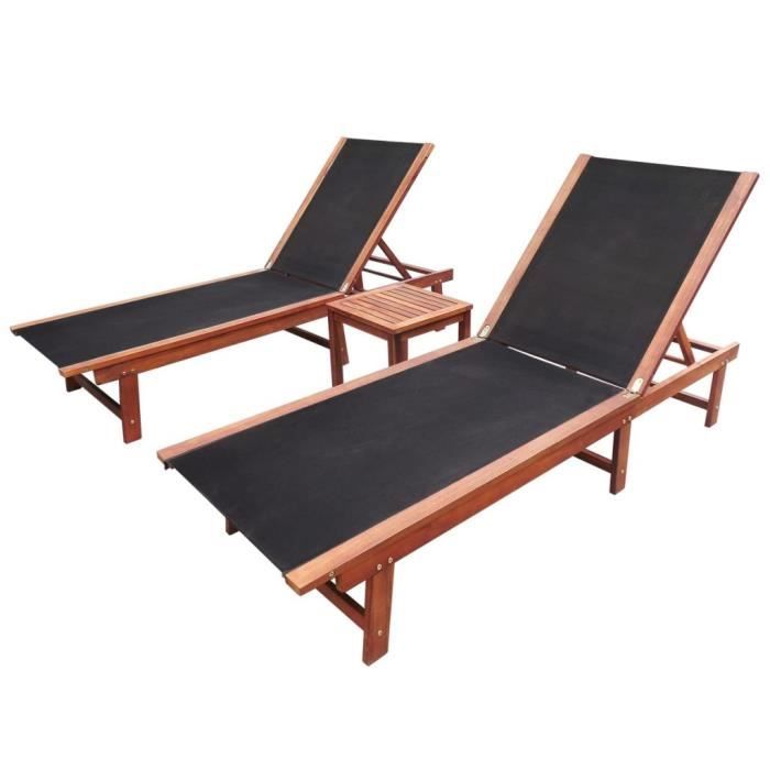 Ensemble de Jardin - Bains de soleil - 2 Chaises Longues et Table - Bois dAcacia - Dossier Réglable - Noir