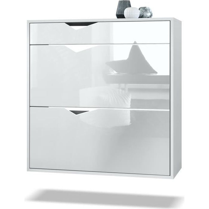 Vladon Meuble à chaussures Kolmio 85 x 87 x 33 cm corps en blanc mat façades en Blanc haute brillance Vladon Meuble à chaussures Kolmio 85 x 87 x 33 cm corps en blanc mat façades en Blanc haute brillance