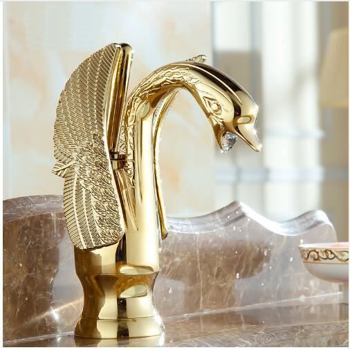 MONIK Salle De Bains Robinet Swan Forme Laiton Bassin Robinet D/évier Salle De Bains Simple Trou Centerset Robinet M/élangeur Lavabo Or Blanc Swan Robinet