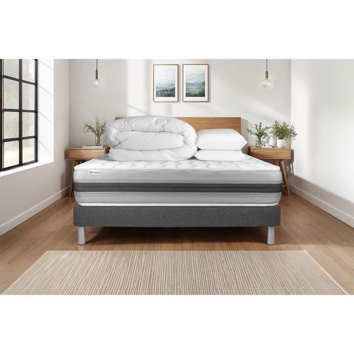 Pack lit complet 180x200 cm - Matelas + Sommier Gris (en kit) + 2 oreillers + Couette - Vitalspring Recover Gris Pack lit complet 180x200 cm - Matelas + Sommier Gris (en kit) + 2 oreillers + Couette - Vitalspring Recover Gris