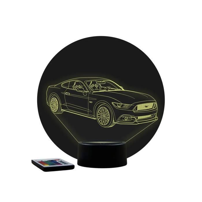 Lampe 3D Ford Mustang GT - Veilleuse LED 16 Couleurs + Télécommande - Cadeau Passionné Voiture - Fabriqué en France
