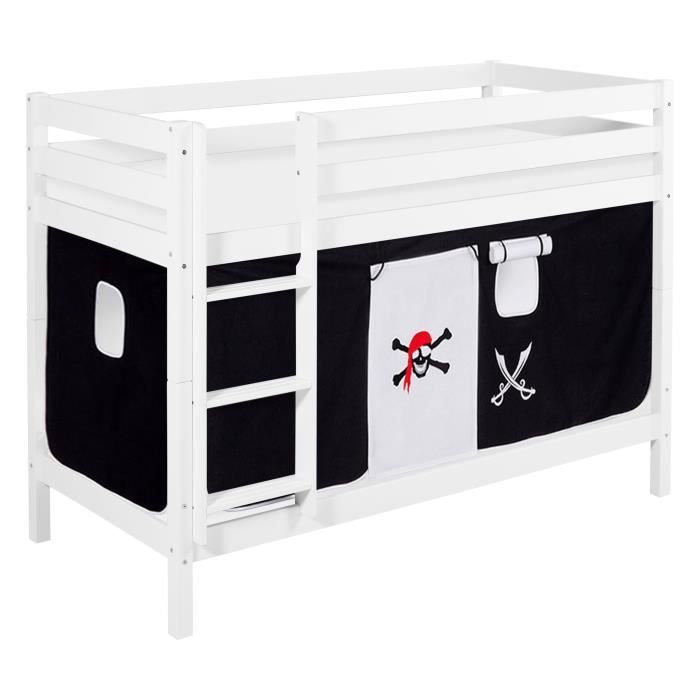 Lit superposé JELLE - LILOKIDS - 90 x 190 cm - Bois massif - Rideaux inclus - Blanc laqué