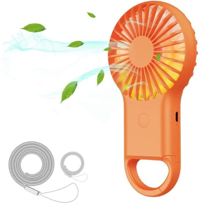 Orange Simpeak Ultraléger 75g Mini Ventilateur USB Rechargeable avec Réglage à 3 Niveaux Lumière LED 7 Couleurs Batterie 800mAh Mignon et Compact 