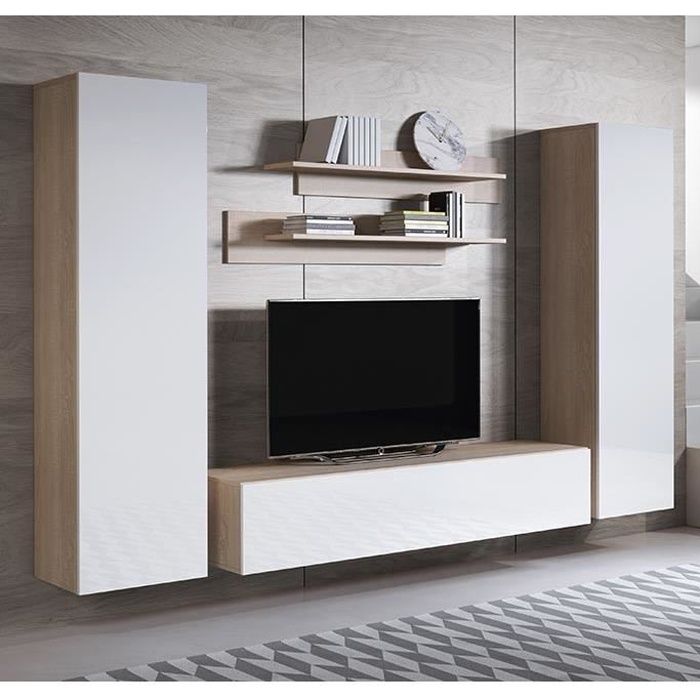 Combinaison de meubles - LUKE 7E - Sonoma et Blanc - Finition brillante et mat push-click Combinaison de meubles - LUKE 7E - Sonoma et Blanc - Finition brillante et mat push-click