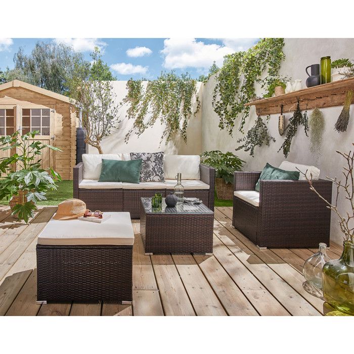 Banc De Jardin En Résine Tressée Beige Avec Coussin – 110x40x44 Cm, Acier Enduit, Charge Max 110 Kg