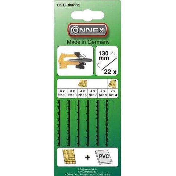 Set De 22 Lames Scie à Chantourner Connex Taifun 130mm - Pour Bois Et Métal - 5 Types De Lames Bois, 2 Métal