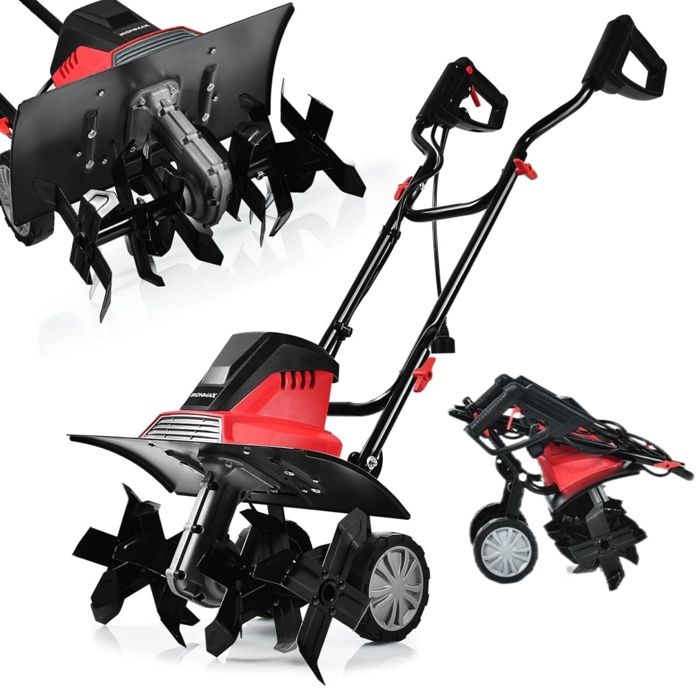Motobineuse Motoculteur 1500W COSTWAY-Largeur 43cmProfondeur 22cm-2 Roues Réglables-Bouclier-6 Fraises-Poignée Pliable-Rouge