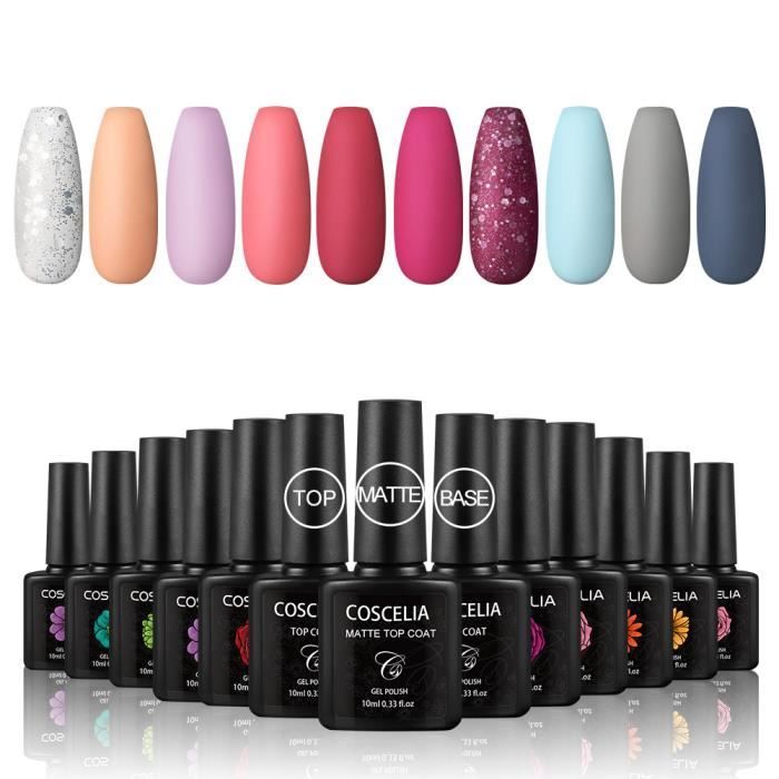 Lot de 10pc Vernis Gel Semi Permanent Soak Off Gel Polish UV /LED Kit Base Coat Top Coat Mat