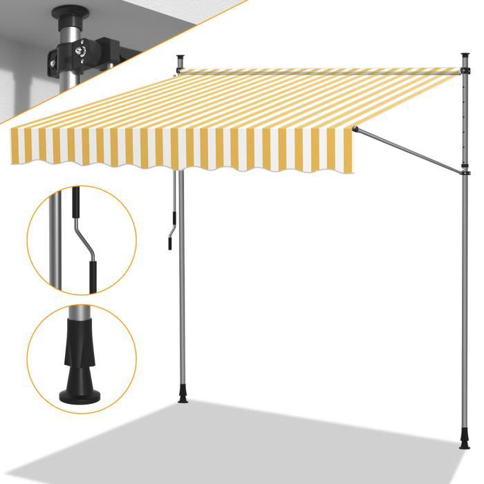 Banne Rétractable Manuel 350x300 Cm – Auvent Terrasse Protection Solaire UV & Eau, Manivelle, Angle 0-30° (Gris-Blanc)