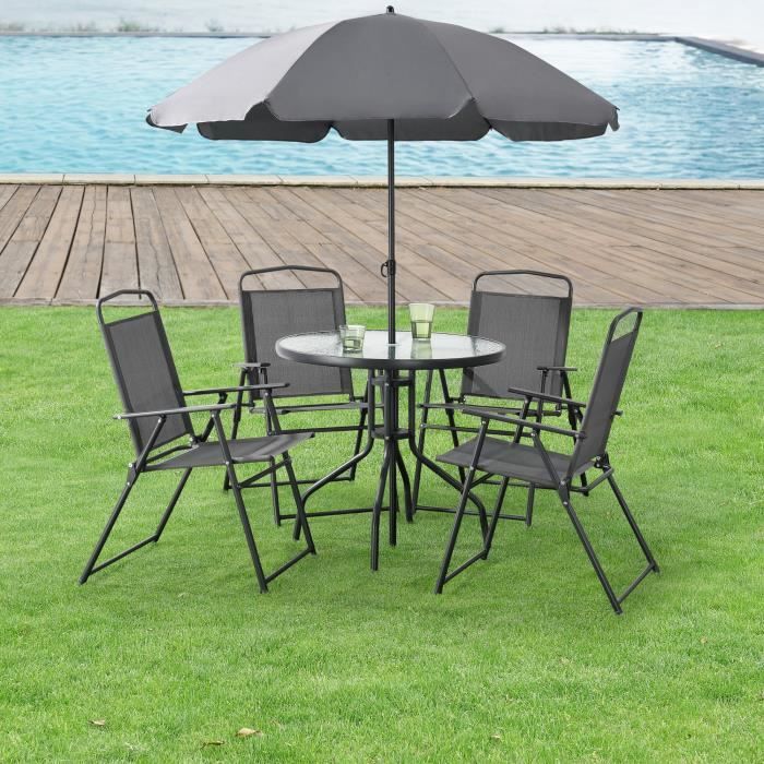 Salon de Jardin Milagro de 4 Places avec Parasol Verre Noir Gris Foncé Salon de Jardin Milagro de 4 Places avec Parasol Verre Noir Gris Foncé