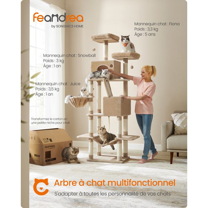 Meilleurs prix pour Arbre à Chat, Hauteur 206 cm, avec 13 Griffoirs, 2 Plate-forme, 2 Niches, Panier, Hamac, Pompon, Tissu Peluche, Marron Camel