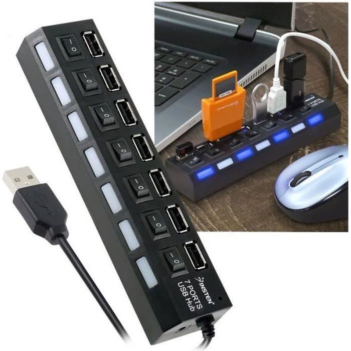 Hub USB 7 Ports 2.0 – Vitesse 480 Mbps, Commutateurs Indépendants, Compatible PC Mac, Pour Disques, Clavier, Souris