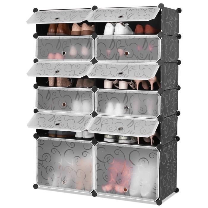 Homfa Étagères à Chaussures Étagère de Rangement 12 Cubes Chaussures avec Portes Noire Imprimée (125x91cm)