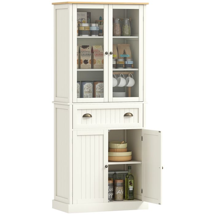 Buffet de cuisine - HOMCOM - meuble rangement armoire 4 portes dont 2 vitrées 1 tiroir - bois - hauteur 1825 cm - beige