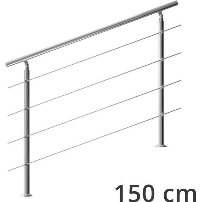 Rampe d'escalier 150 cm acier inoxydable 4 traverses main courante balustrade garde-corps aide escalier balcon intérieur extérieur