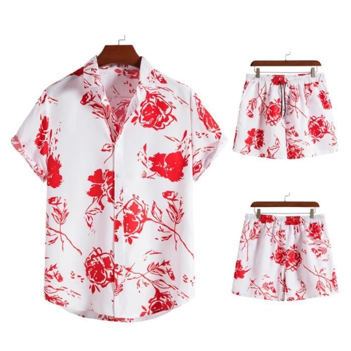 Ensemble Homme Été Lin Coton 2 Pièces Hawaien Chemise Short Rayé - Plage Vacances M-3XL