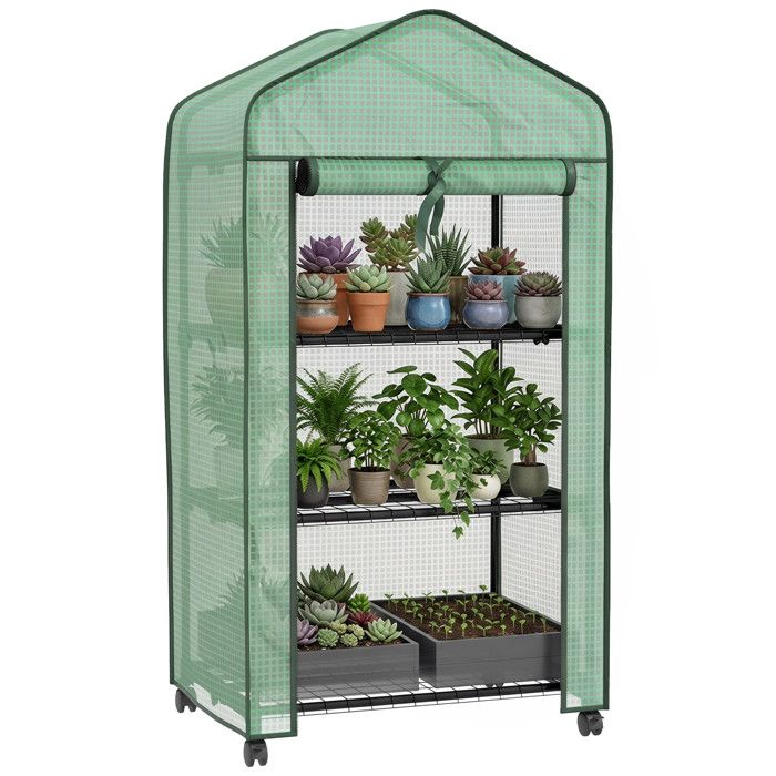 Serre de jardin - Outsunny - PE étagères 3 niveaux balcon bâche enroulable fleurs - acier - 69x49x130cm - vert
