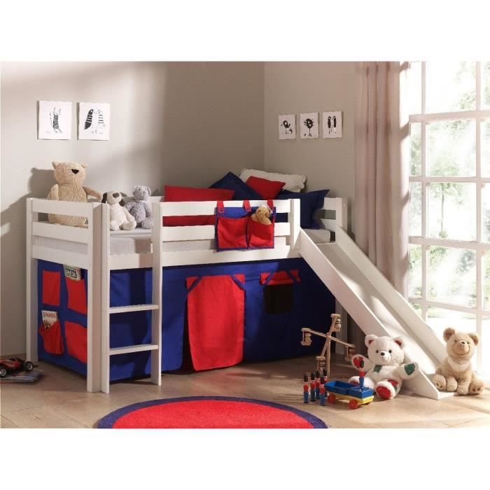 Lit enfant mezzanine toboggan - Vipack - PINO - Blanc - Pin Massif - Housse Domino
