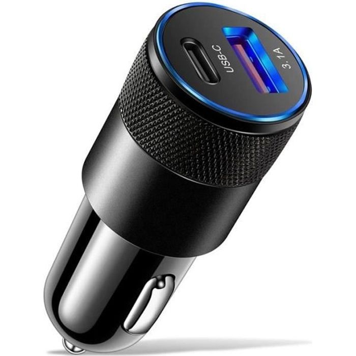 Chargeur allume cigare Voiture Rapide USB Type C IPhone Huawei Xiaomi Samsung Universel Noir