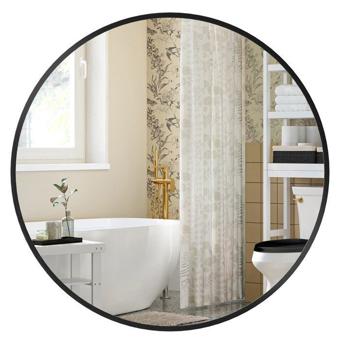 Miroir Mural Rond Diamètre 50 cm Cadre en Métal Facile à Installer pour Salle de Bain Salon Chambre Entrée Couloir Noir