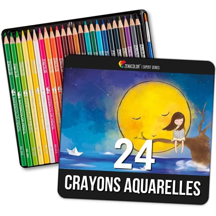 Zenacolor 24 Crayons Aquarellables, Numérotés, avec Pinceau et Boite