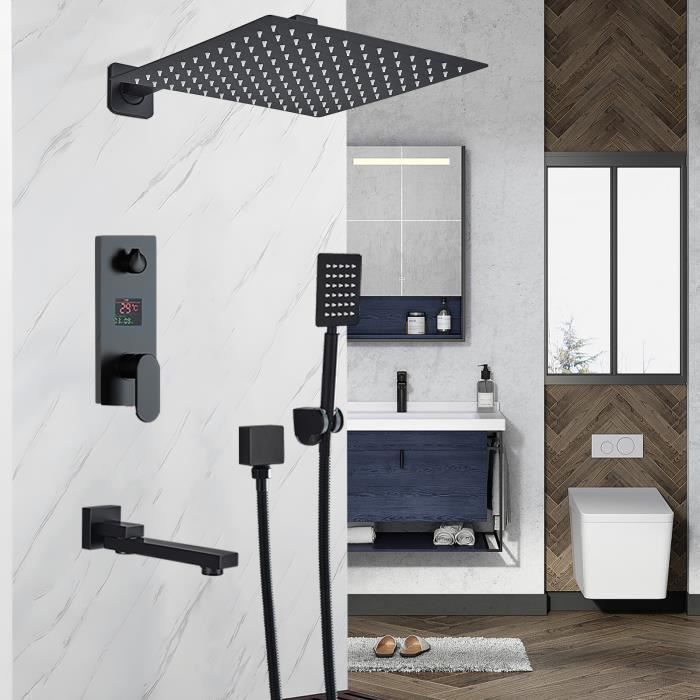 Suguword Colonne de Douche Encastrée Noir LationTête de douche carrée