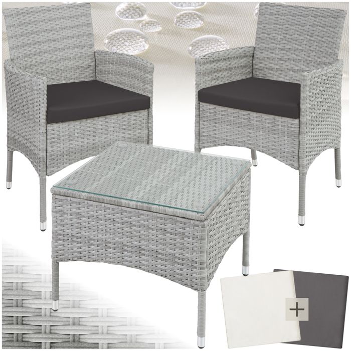 Salon de jardin - TECTAKE - Ensemble détente dextérieur LUCERNE pour 2 personnes avec table et 2 sets de housses - Gris Clair