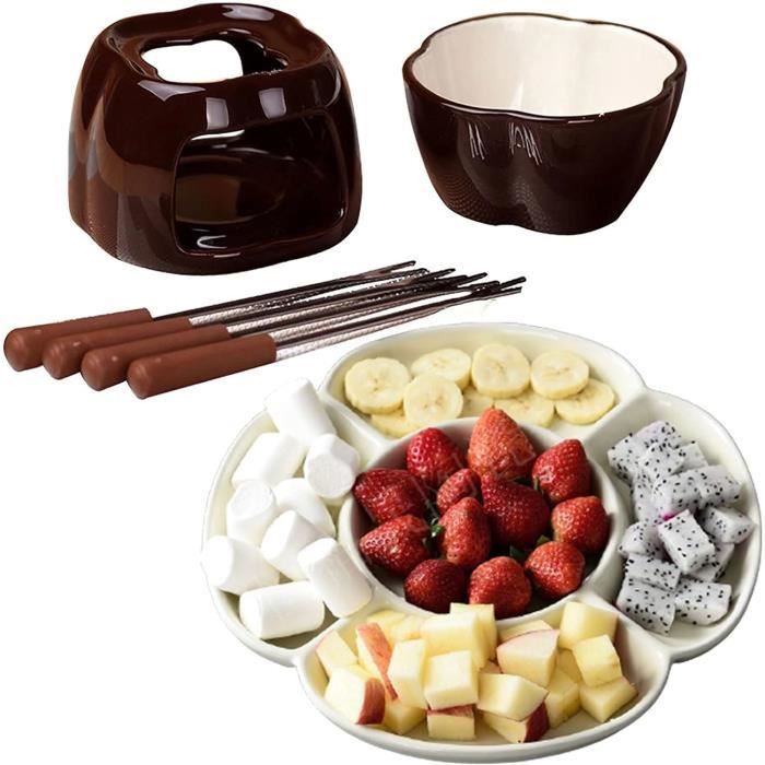 Set De Fondue En Céramique Non électrique - Avec Fourchettes Et Bougie, Pour Chocolat Ou Fromage, Idéal Repas En Famille