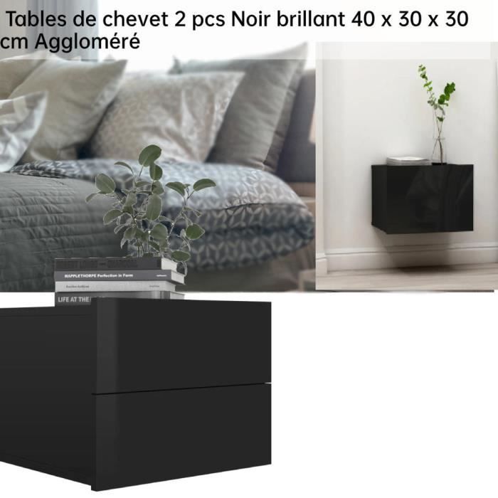 GES Tables de chevet 2 pcs Avec 2 tiroirs Noir brillant 40 x 30 x 30 cm ...